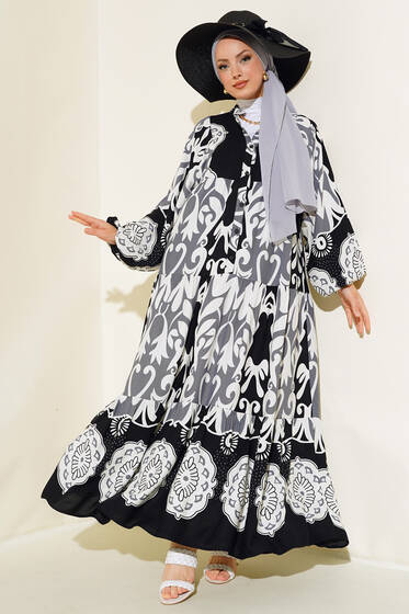 Etnik Desen Salaş Elbise Siyah - Elbise
