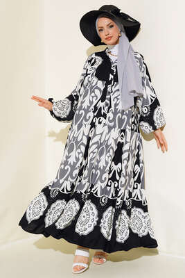 Etnik Desen Salaş Elbise Siyah 