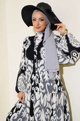 Etnik Desen Salaş Elbise Siyah - Tesettür Elbise