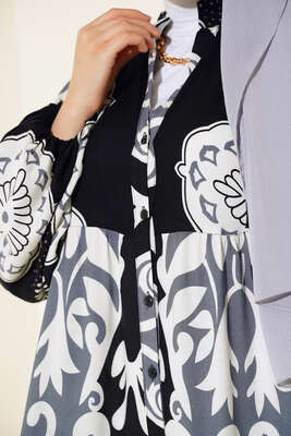 Etnik Desen Salaş Elbise Siyah - Tesettür Elbise