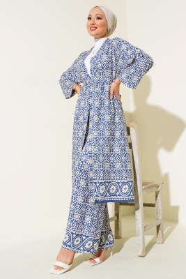 Etnik Desen Salaş Kimono İkili Takım Lacivert - 1