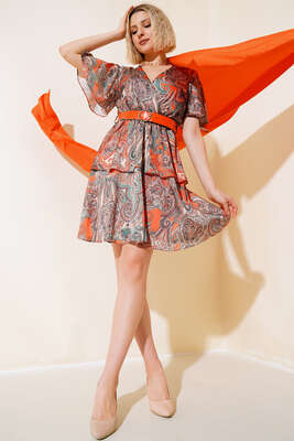 Etnik Desen Saten Elbise Yeşil Oranj - Kadın Giyim Modelleri