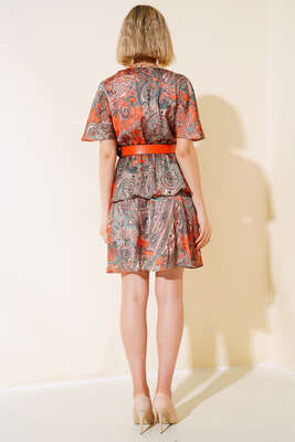 Etnik Desen Saten Elbise Yeşil Oranj - Kadın Giyim Modelleri