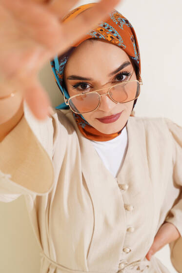 Etnik Desen Soft Pamuk Eşarp Camel - Başörtüsü