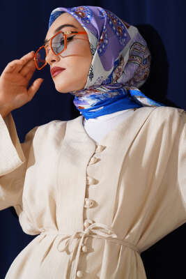 Etnik Desen Soft Pamuk Eşarp Saks - Yılın Fırsatı