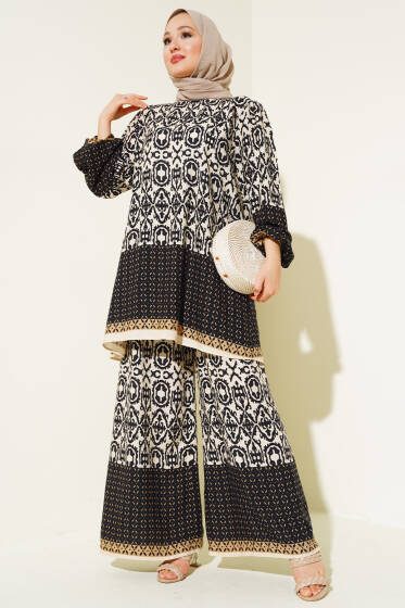 Etnik Desen Tunik İkili Takım Bej - Tesettür Takım