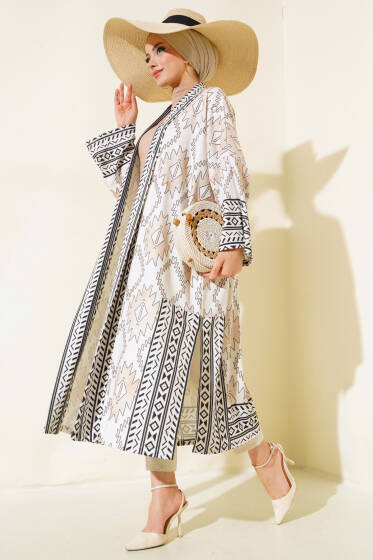 Etnik Desen Uzun Kimono Bej - Hırka