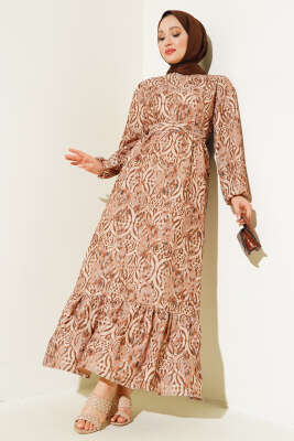 Etnik Desen Volanlı Elbise Camel - Tesettür Elbise