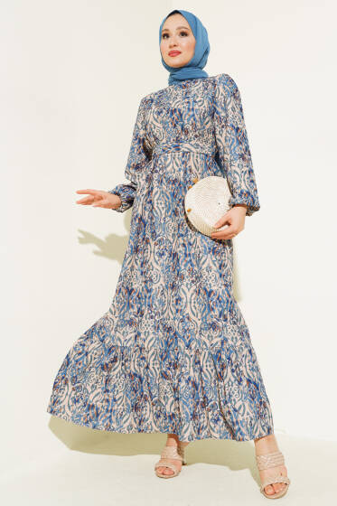 Etnik Desen Volanlı Elbise İndigo - Elbise
