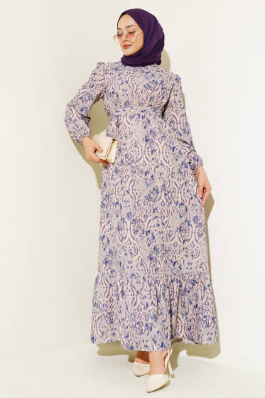 Etnik Desen Volanlı Elbise Menekşe - Elbise