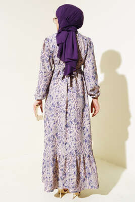 Etnik Desen Volanlı Elbise Menekşe - Tesettür Elbise