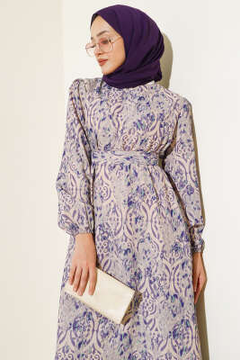 Etnik Desen Volanlı Elbise Menekşe - Tesettür Elbise