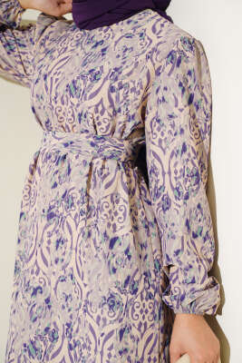 Etnik Desen Volanlı Elbise Menekşe - Tesettür Elbise