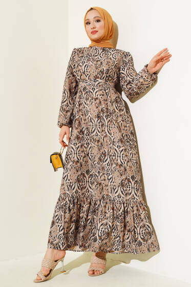 Etnik Desen Volanlı Elbise Siyah - Elbise