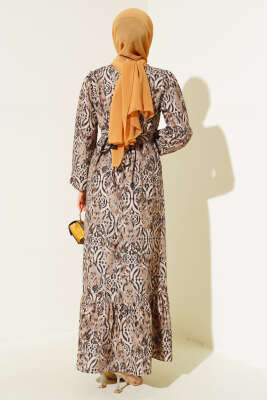 Etnik Desen Volanlı Elbise Siyah - Tesettür Elbise