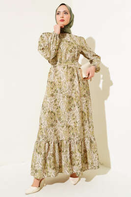 Etnik Desen Volanlı Elbise Yeşil 