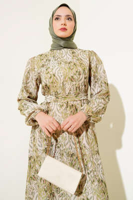 Etnik Desen Volanlı Elbise Yeşil - Tesettür Elbise