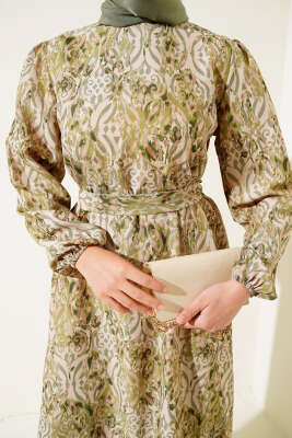 Etnik Desen Volanlı Elbise Yeşil - Tesettür Elbise