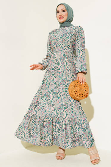 Etnik Desen Volanlı Elbise Zümrüt - Elbise
