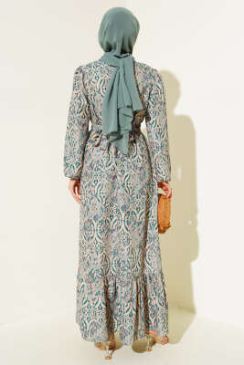 Etnik Desen Volanlı Elbise Zümrüt - Tesettür Elbise