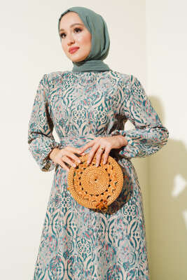 Etnik Desen Volanlı Elbise Zümrüt - Tesettür Elbise