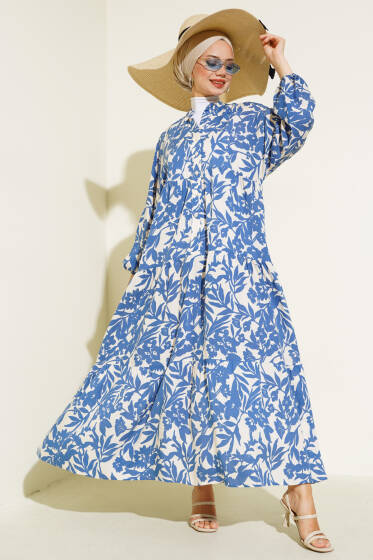 Etnik Desen Yarı Patlı Elbise İndigo - Elbise