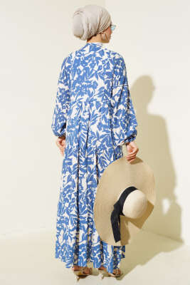 Etnik Desen Yarı Patlı Elbise İndigo - Tesettür Elbise