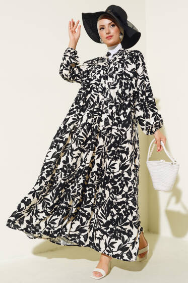 Etnik Desen Yarı Patlı Elbise Siyah - Elbise