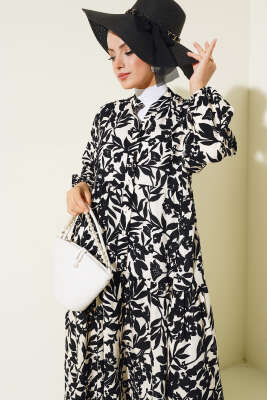 Etnik Desen Yarı Patlı Elbise Siyah - Tesettür Elbise