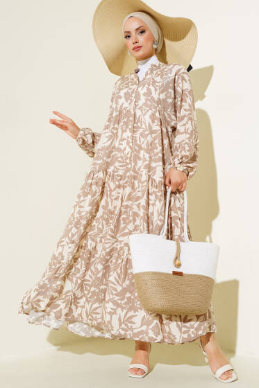 Etnik Desen Yarı Patlı Elbise Vizon - Elbise