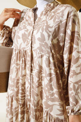 Etnik Desen Yarı Patlı Elbise Vizon - Tesettür Elbise