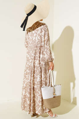 Etnik Desen Yarı Patlı Elbise Vizon - Tesettür Elbise