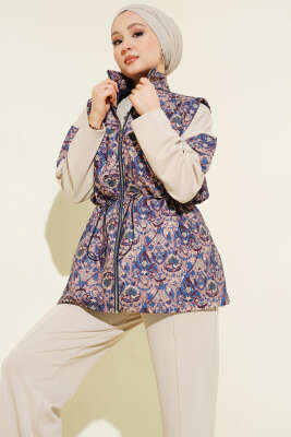 Etnik Desen Yelekli Üçlü Takım Bej - İkili Takım