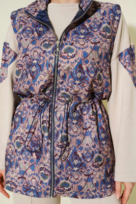 Etnik Desen Yelekli Üçlü Takım Bej - İkili Takım