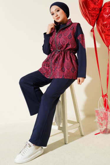 Etnik Desen Yelekli Üçlü Takım Lacivert - İkili Takım