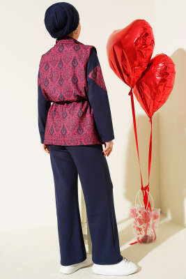 Etnik Desen Yelekli Üçlü Takım Lacivert - İkili Takım