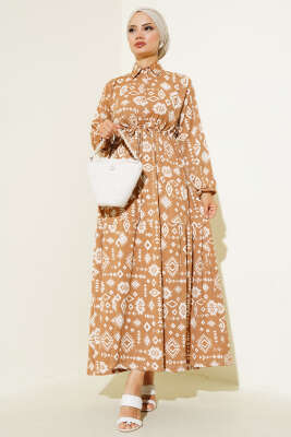 Etnik Desenli Bel Tünelli Elbise Camel - NEVA MODA