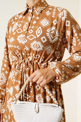 Etnik Desenli Bel Tünelli Elbise Camel - Tesettür Elbise