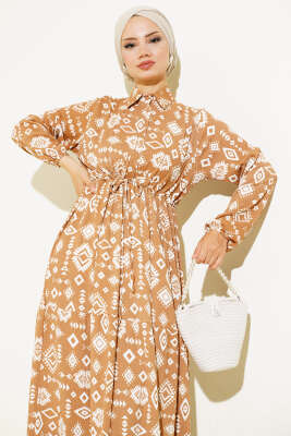 Etnik Desenli Bel Tünelli Elbise Camel - Tesettür Elbise