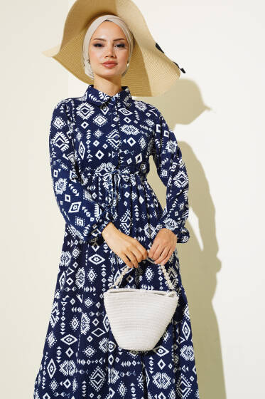 Etnik Desenli Bel Tünelli Elbise Lacivert - Elbise