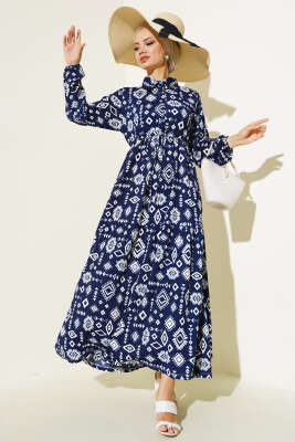 Etnik Desenli Bel Tünelli Elbise Lacivert - Tesettür Elbise