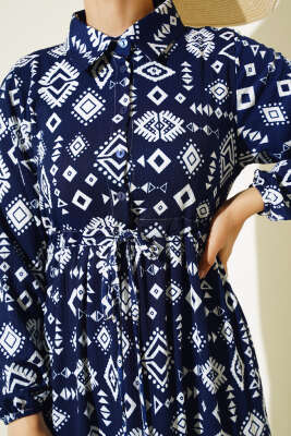 Etnik Desenli Bel Tünelli Elbise Lacivert - Tesettür Elbise