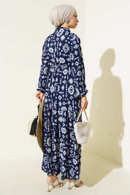 Etnik Desenli Bel Tünelli Elbise Lacivert - Tesettür Elbise
