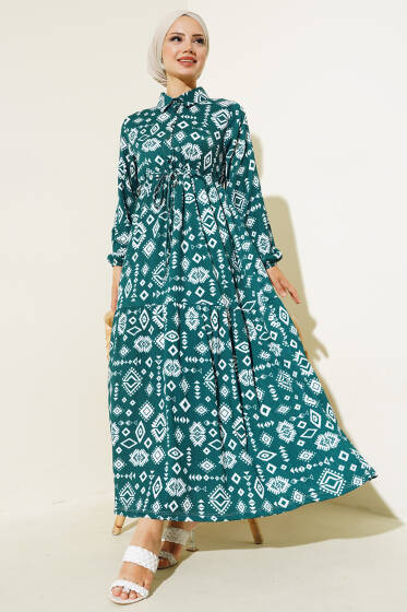 Etnik Desenli Bel Tünelli Elbise Zümrüt - Elbise