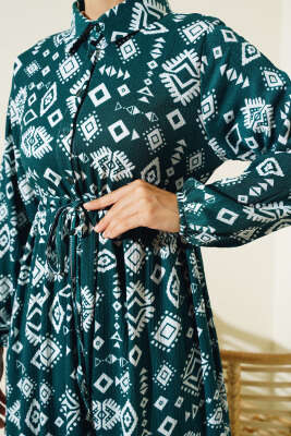 Etnik Desenli Bel Tünelli Elbise Zümrüt - Tesettür Elbise