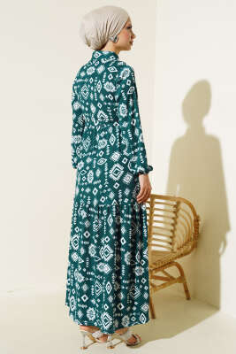 Etnik Desenli Bel Tünelli Elbise Zümrüt - Tesettür Elbise
