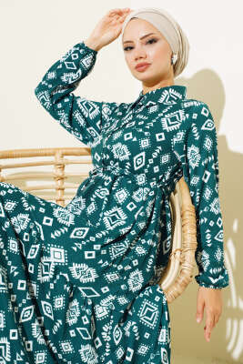Etnik Desenli Bel Tünelli Elbise Zümrüt - Tesettür Elbise