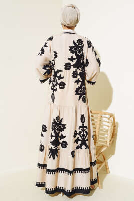 Etnik Desenli Bileği Lastikli Elbise Latte - Tesettür Elbise