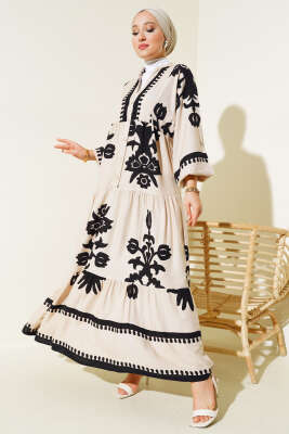 Etnik Desenli Bileği Lastikli Elbise Latte - Tesettür Elbise