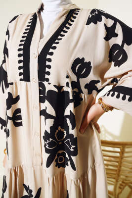 Etnik Desenli Bileği Lastikli Elbise Latte - Tesettür Elbise